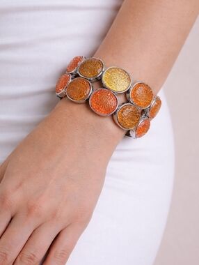Orange Yellow Sparkling Textured Bead Stretch Bracelet Statement Glam